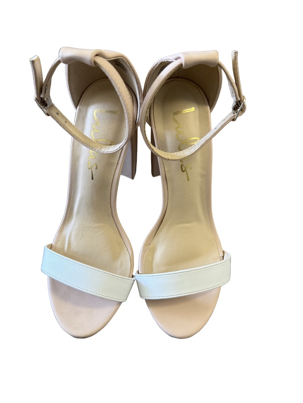 Lulu's Beige and White Ankle-Strap Block Heel Sandals